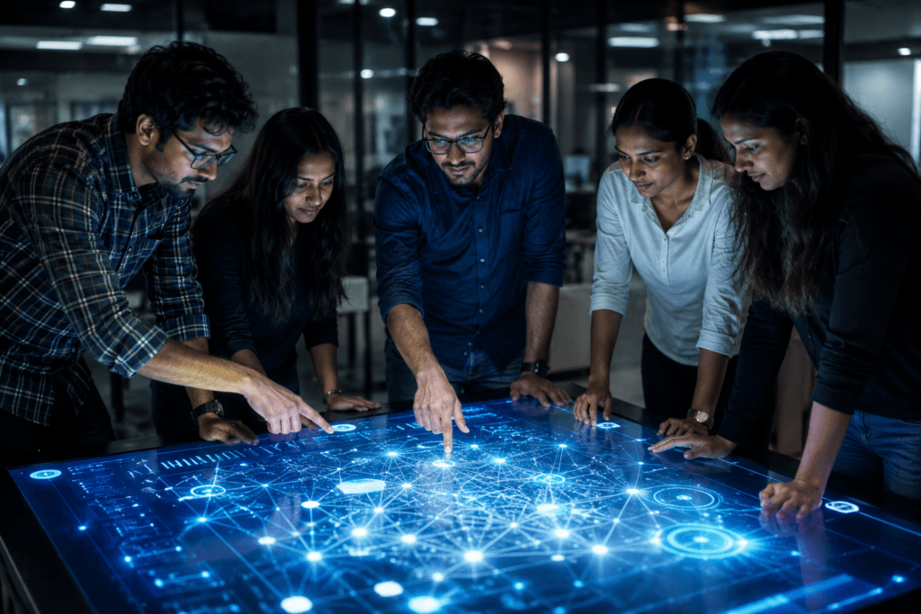 Employees collaborating during an AI-powered team building activity using an interactive digital workspace to improve communication and problem-solving.