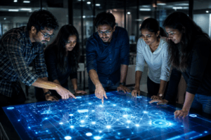 Employees collaborating during an AI-powered team building activity using an interactive digital workspace to improve communication and problem-solving.