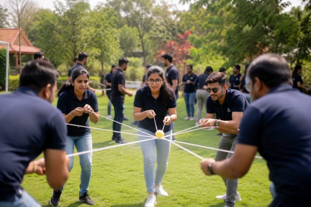 Corporate employees participating in outdoor team building activities in Pune during a collaborative teamwork challenge.