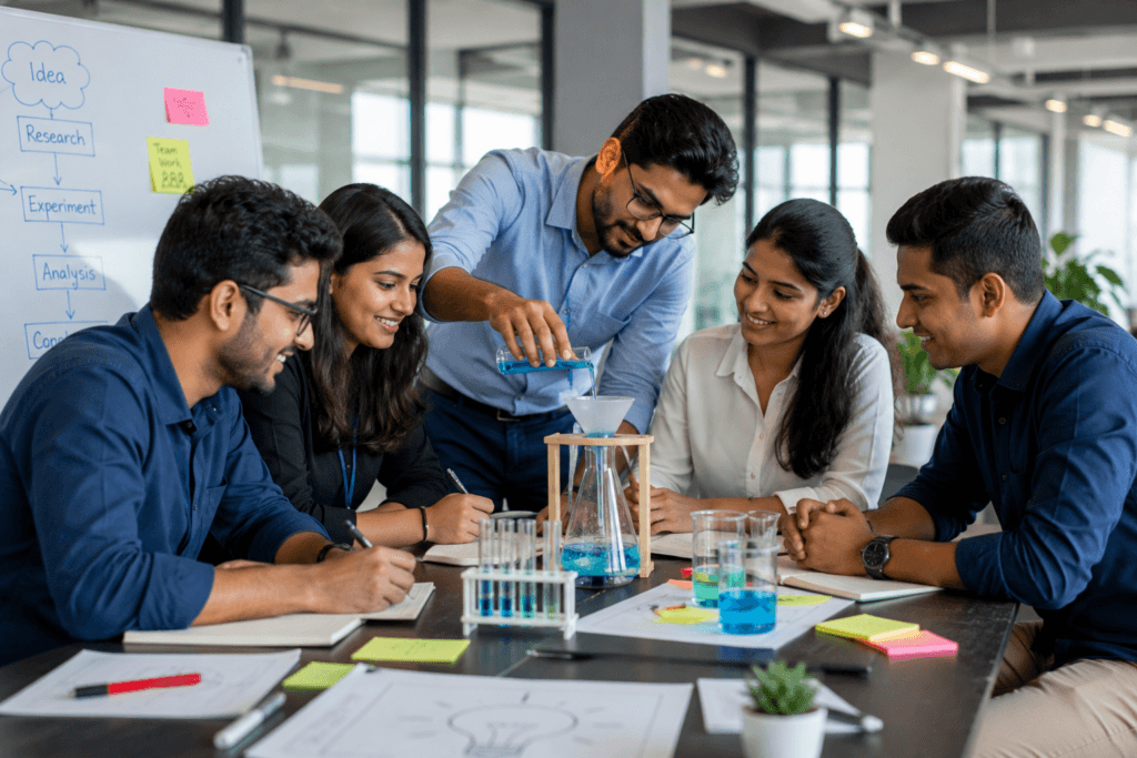 Employees participating in an experiential learning team activity