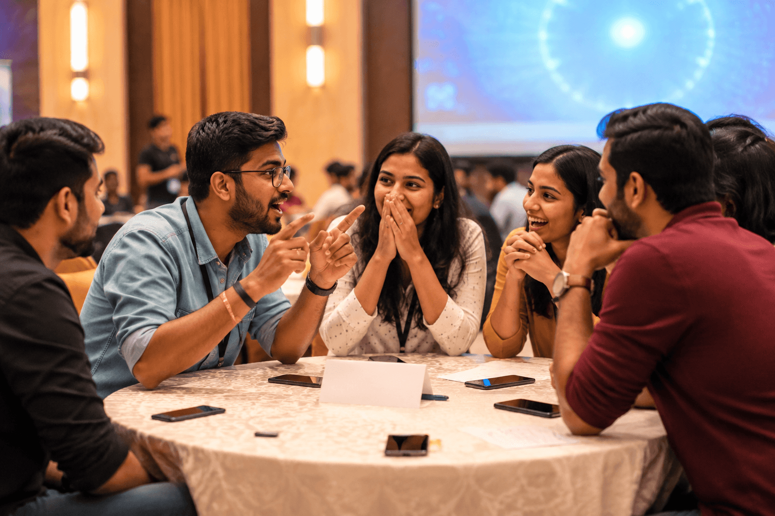 Business professionals participating in an AI-powered Digital Taboo game with live scoring, teamwork, communication challenges, and employee engagement at a corporate team building event.