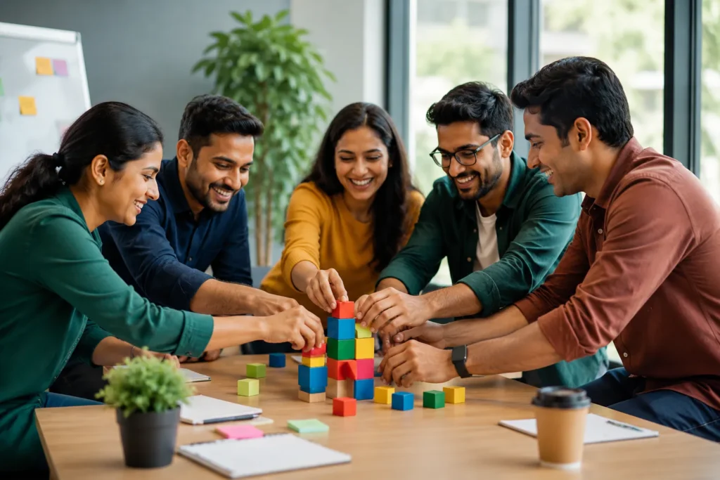 Small team participating in a budget-friendly team building activity in the office