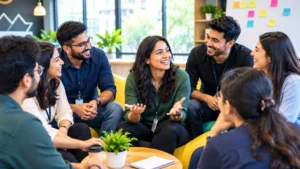 Employees participating in a fun icebreaker game during a corporate team meeting
