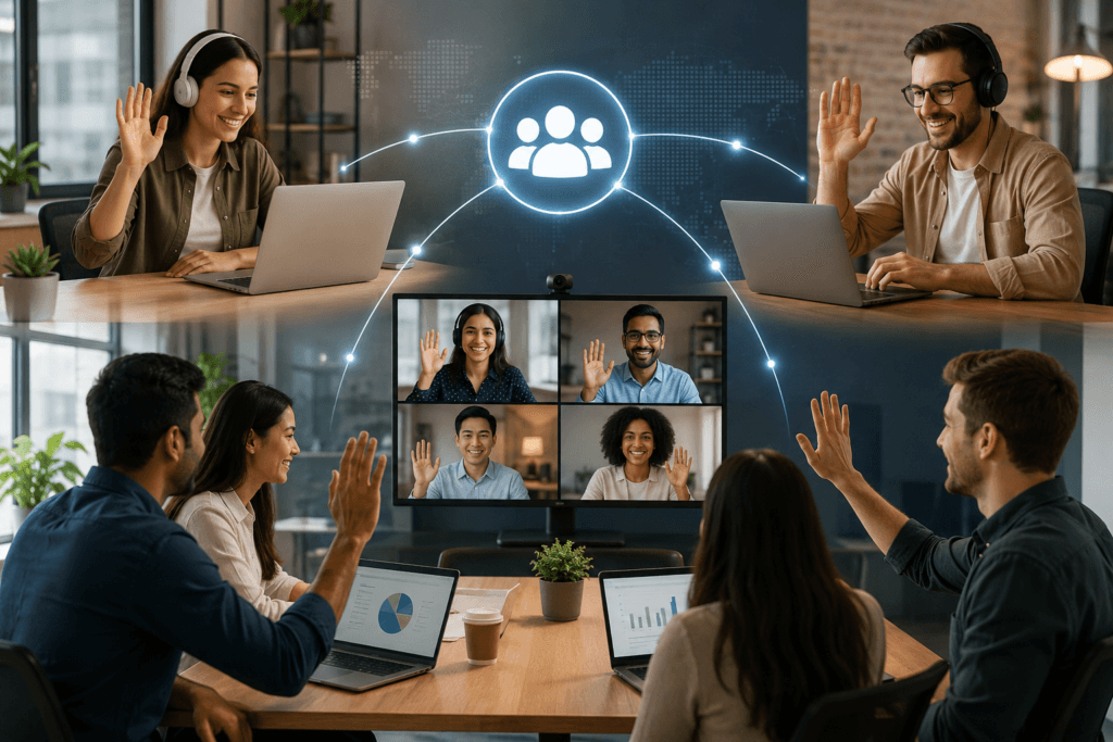 Hybrid and remote tech team collaborating through digital team building activities