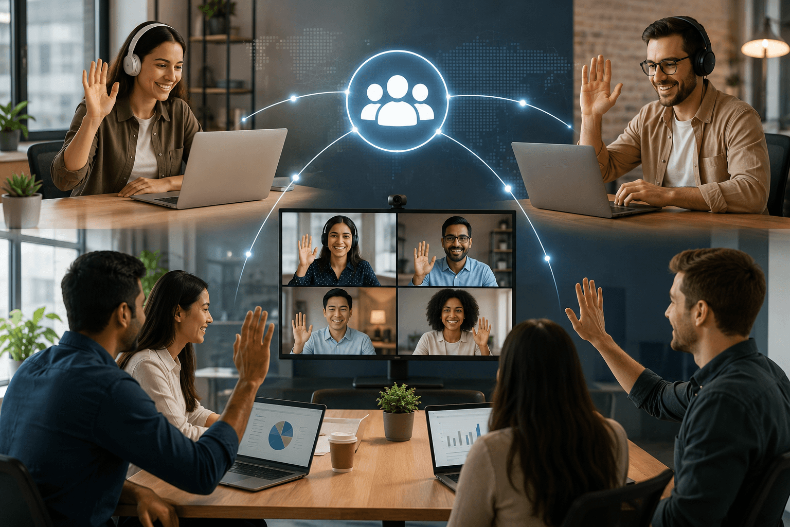 Hybrid and remote tech team collaborating through digital team building activities