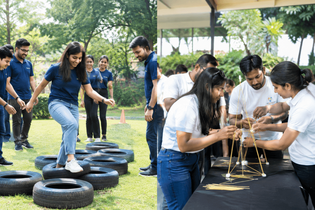 Employees participating in outdoor team building activities and collaborative group challenges